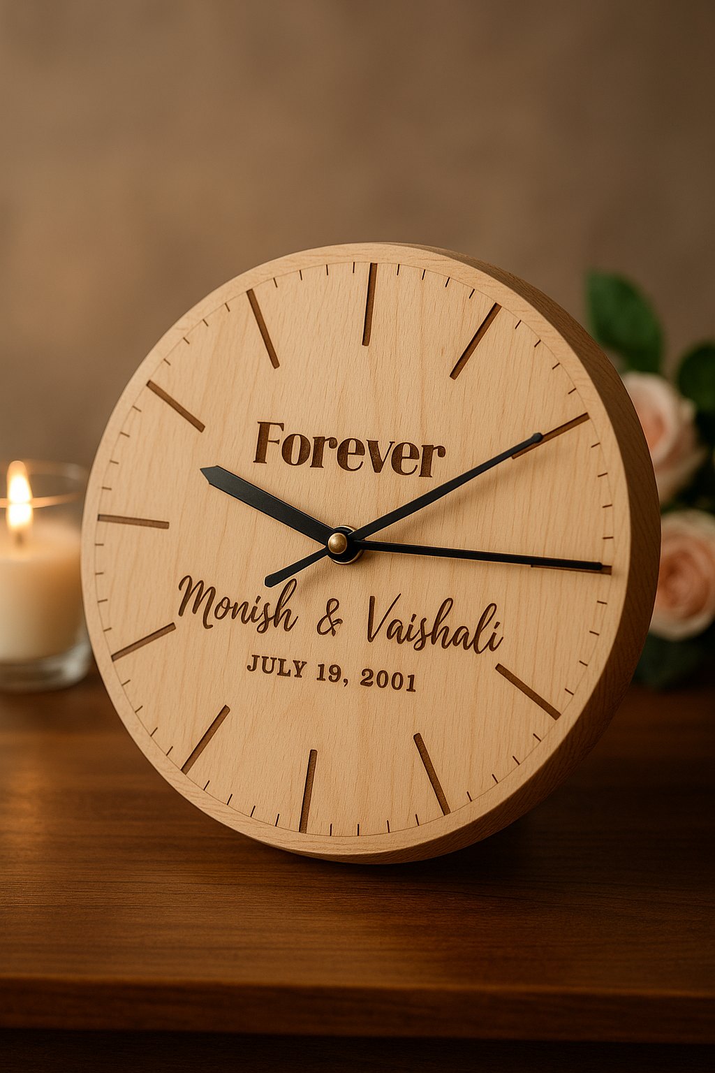 WoodWhirl | Personalized Wooden Wall Clock with Name & Date Engraving
